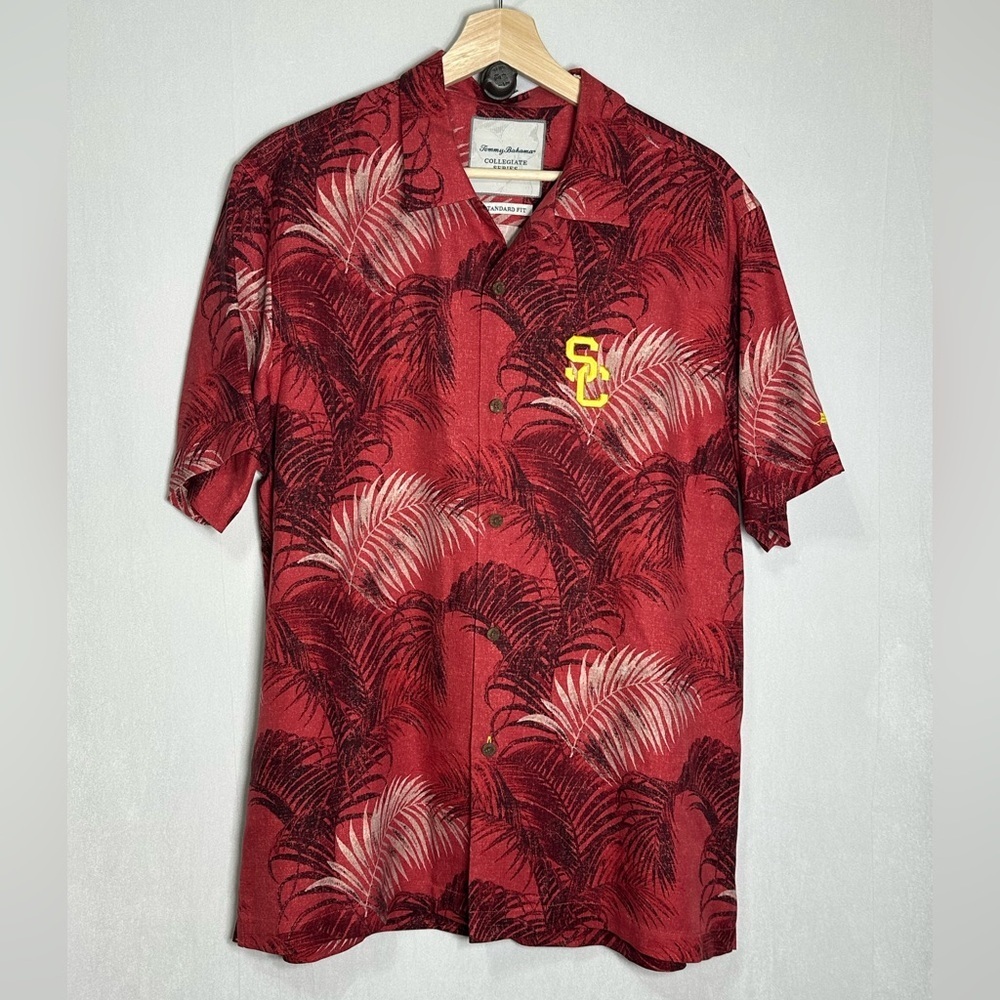 Tommy Bahama USC Trojans Silk Camp Shirt Mens Medium Red Tropical‎ Palm Frond SC